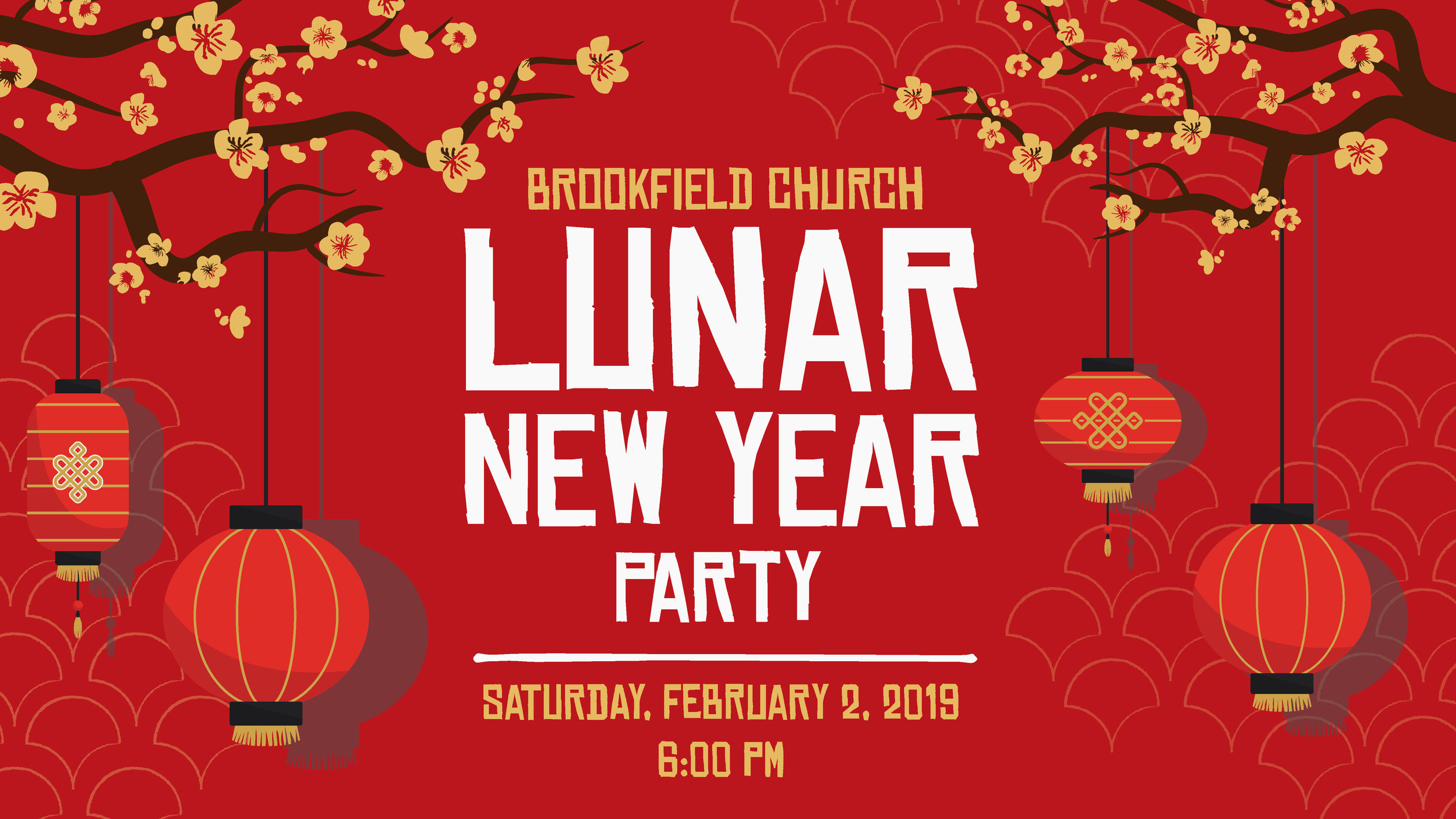 A promotional graphic for a Lunar New Year party for international students. Used online and printed as postcards.