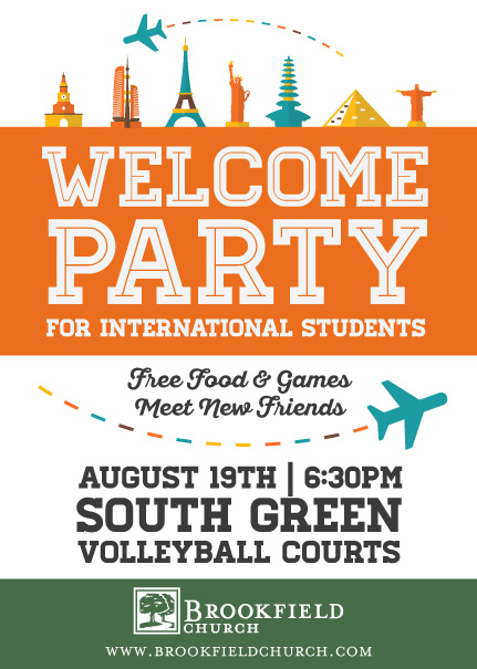 Promotional graphic for a party for international students. Used online including social media ads and postcards.