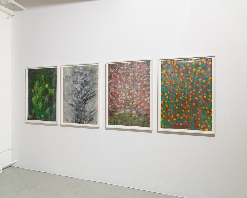 Installation view of Giacinto Occhionero 'Dot Series' showing framed paintings on dura-lar