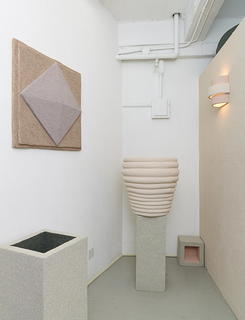 Installation view of sculptural and installation works by Rachel Higgins in her solo exhibition 'Logistics'