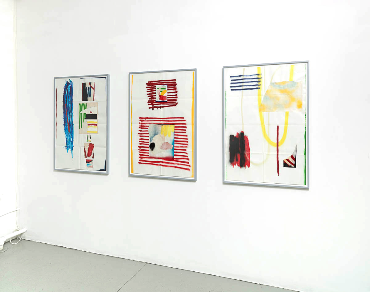 Installation view of framed works on paper in 'Josh Slater: Electric Mantra'
