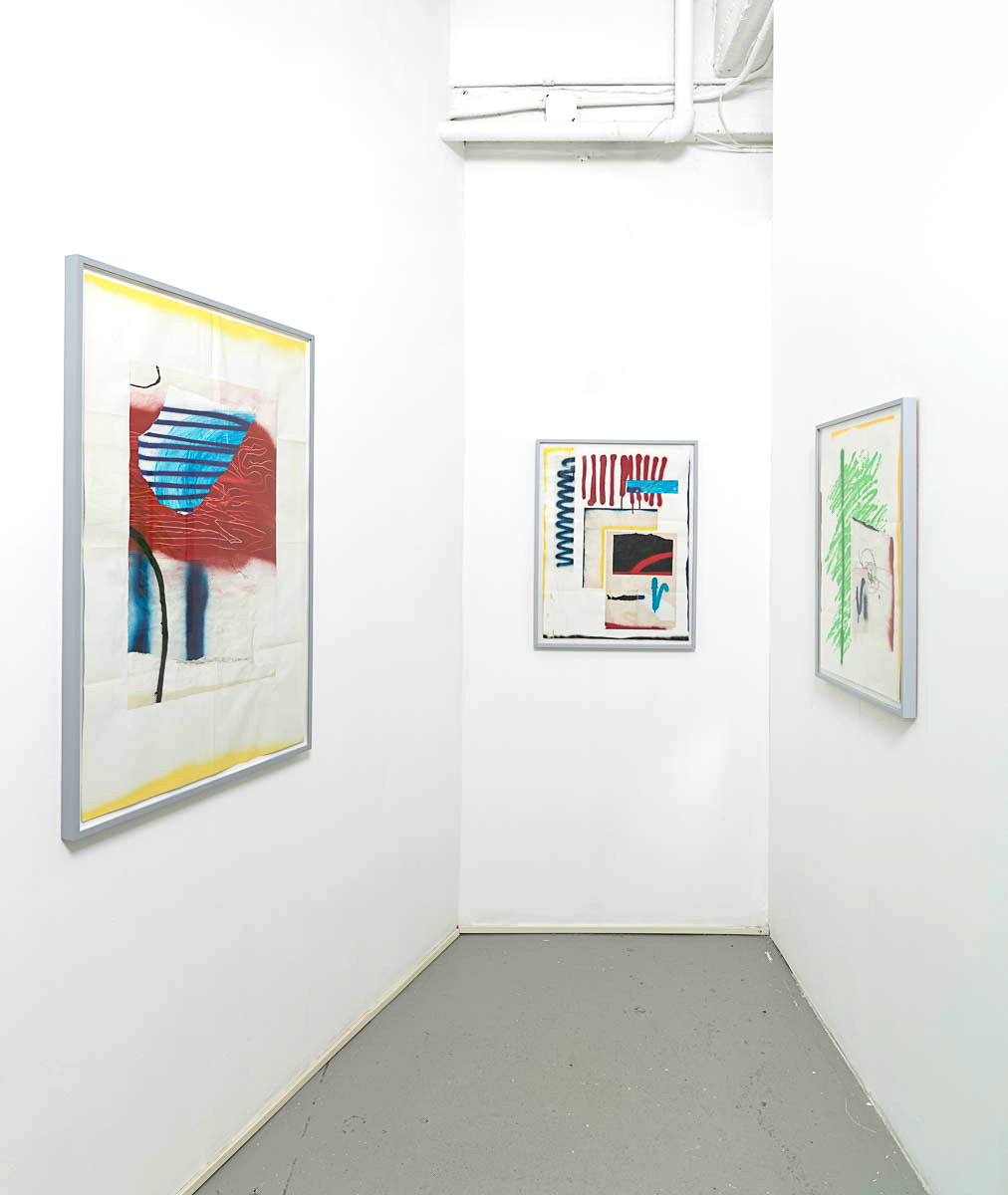 Installation view of framed works on paper in 'Josh Slater: Electric Mantra'