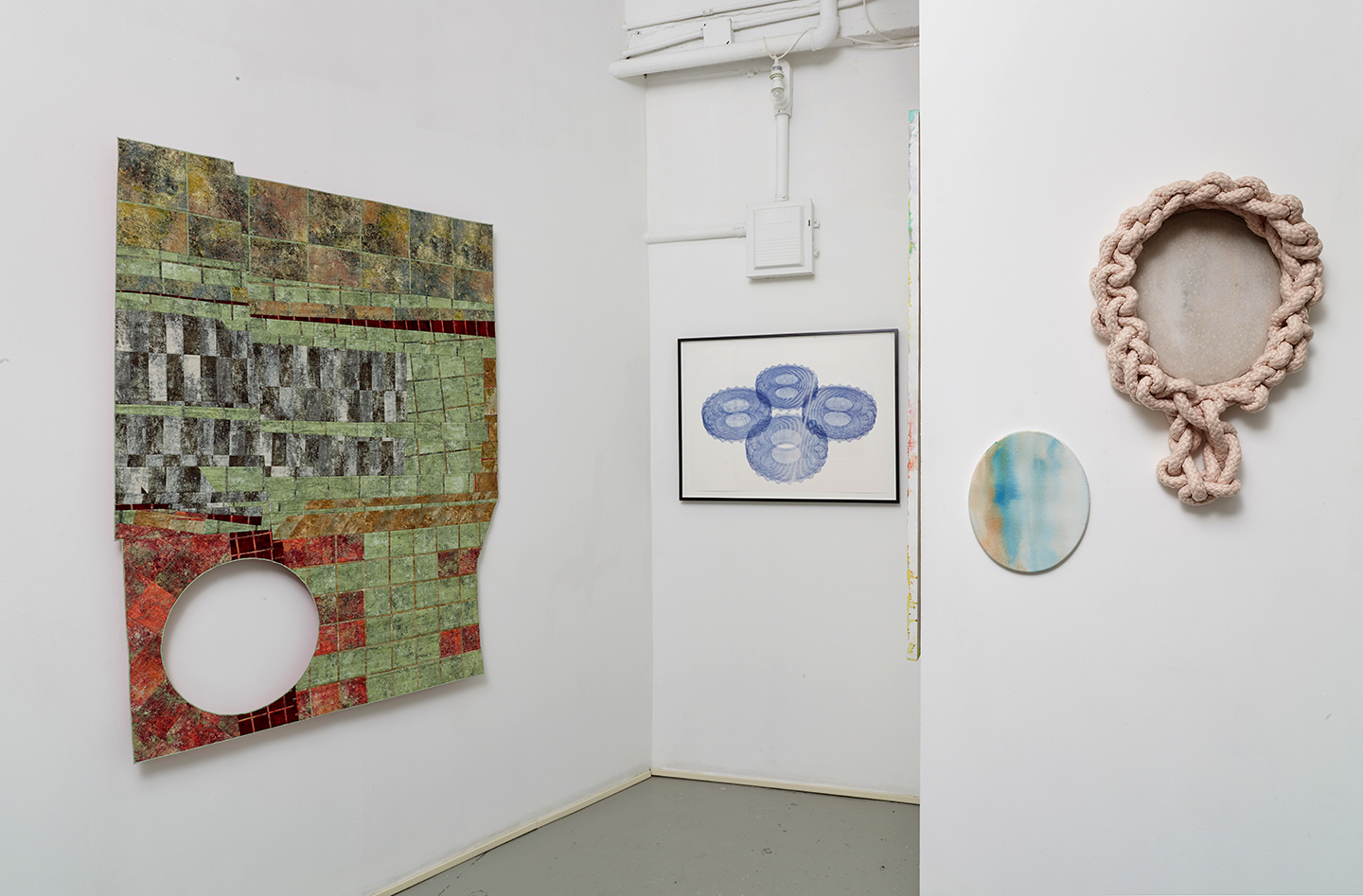 Installation view of works included in the group exhibition 'Geometric Cabinet' showing works in various mediums