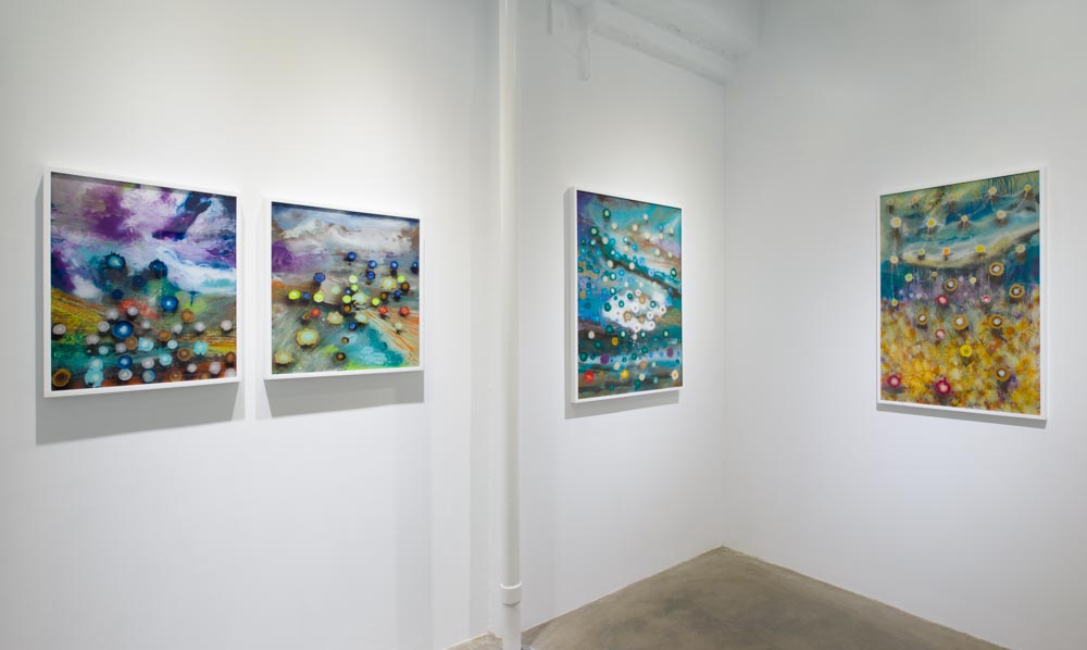 Installation view of Giacinto Occhionero's solo exhibition 'Reversability Arch; showing framed paintings on plexiglass