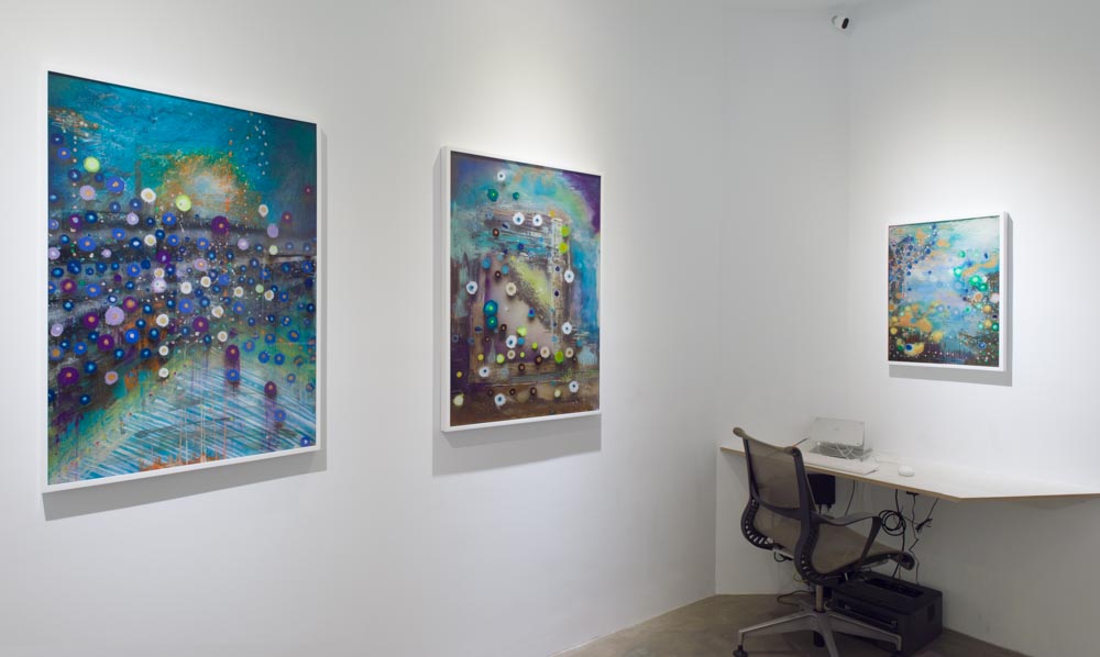 Installation view of Giacinto Occhionero's solo exhibition 'Reversability Arch; showing framed paintings on plexiglass