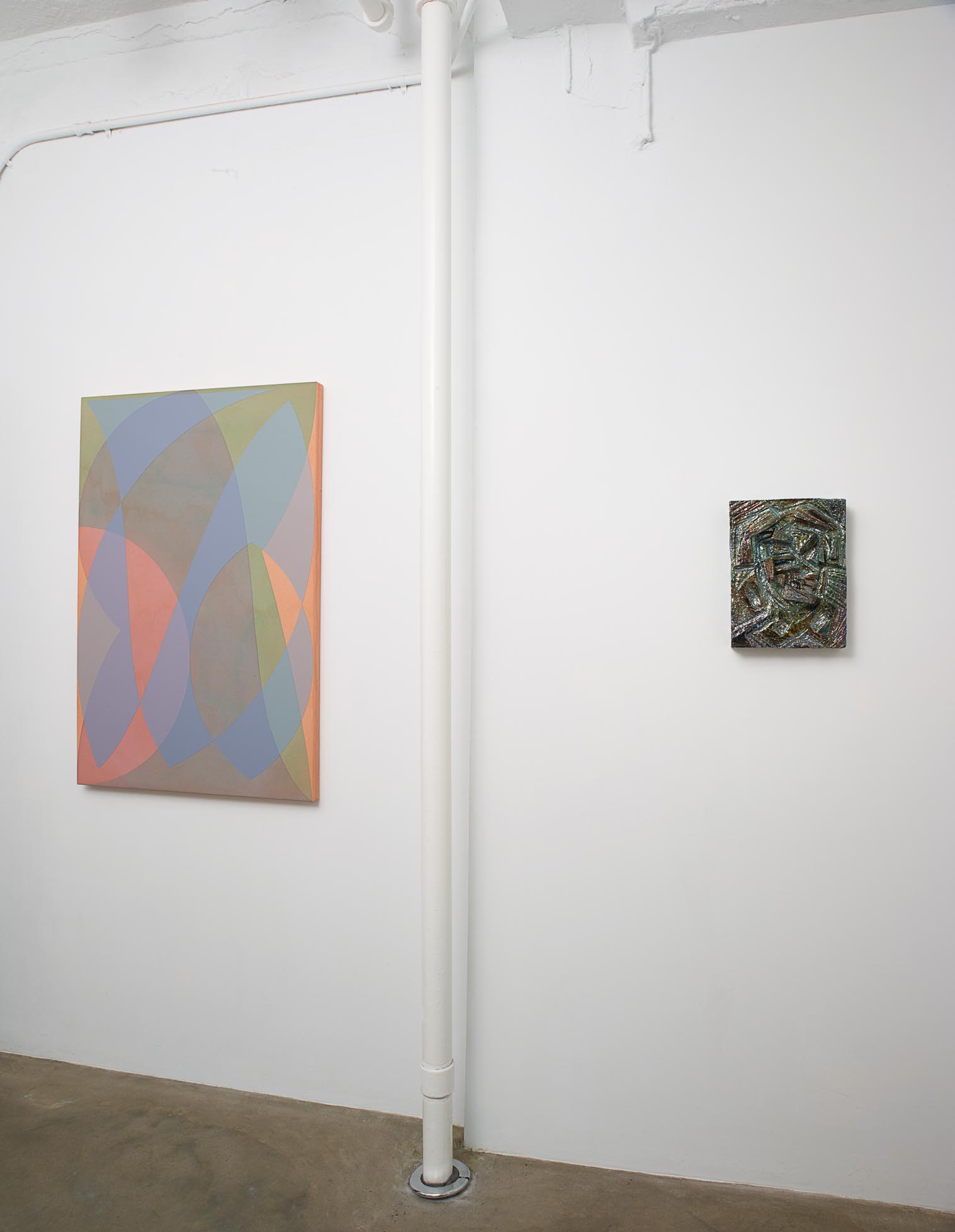 Installation view featuring sculptures by Julia Kunin and paintings by Halsey Hathaway