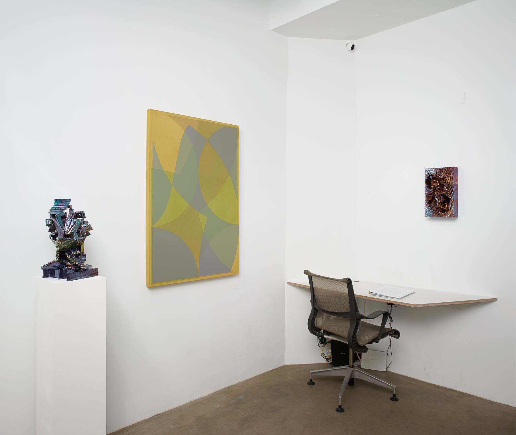 Installation view featuring sculptures by Julia Kunin and paintings by Halsey Hathaway