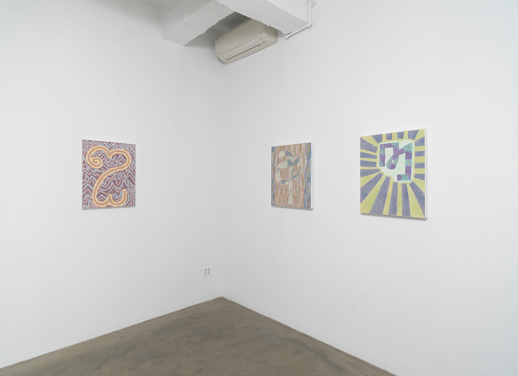 Installation view of Nadia Haji Omar 'Ellipsis' showing paintings on canvas