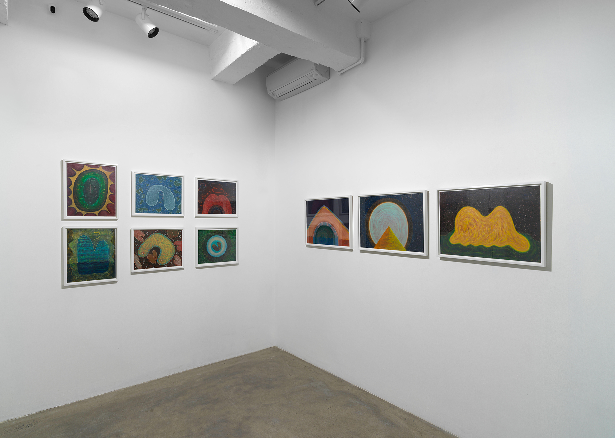 Installation view of works on paper by Ping Zheng showing grid of small works and row of larger works