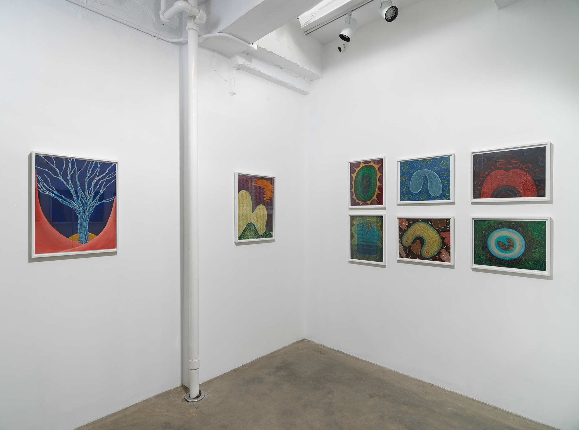 Installation view of works on paper by Ping Zheng showing grid of small works and row of larger works