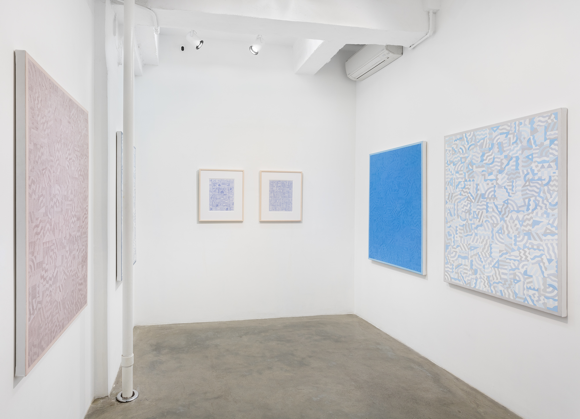 Installation view of Timothy Hull solo exhibition showing paintings on left and right walls and two works on paper on the back wall of the gallery