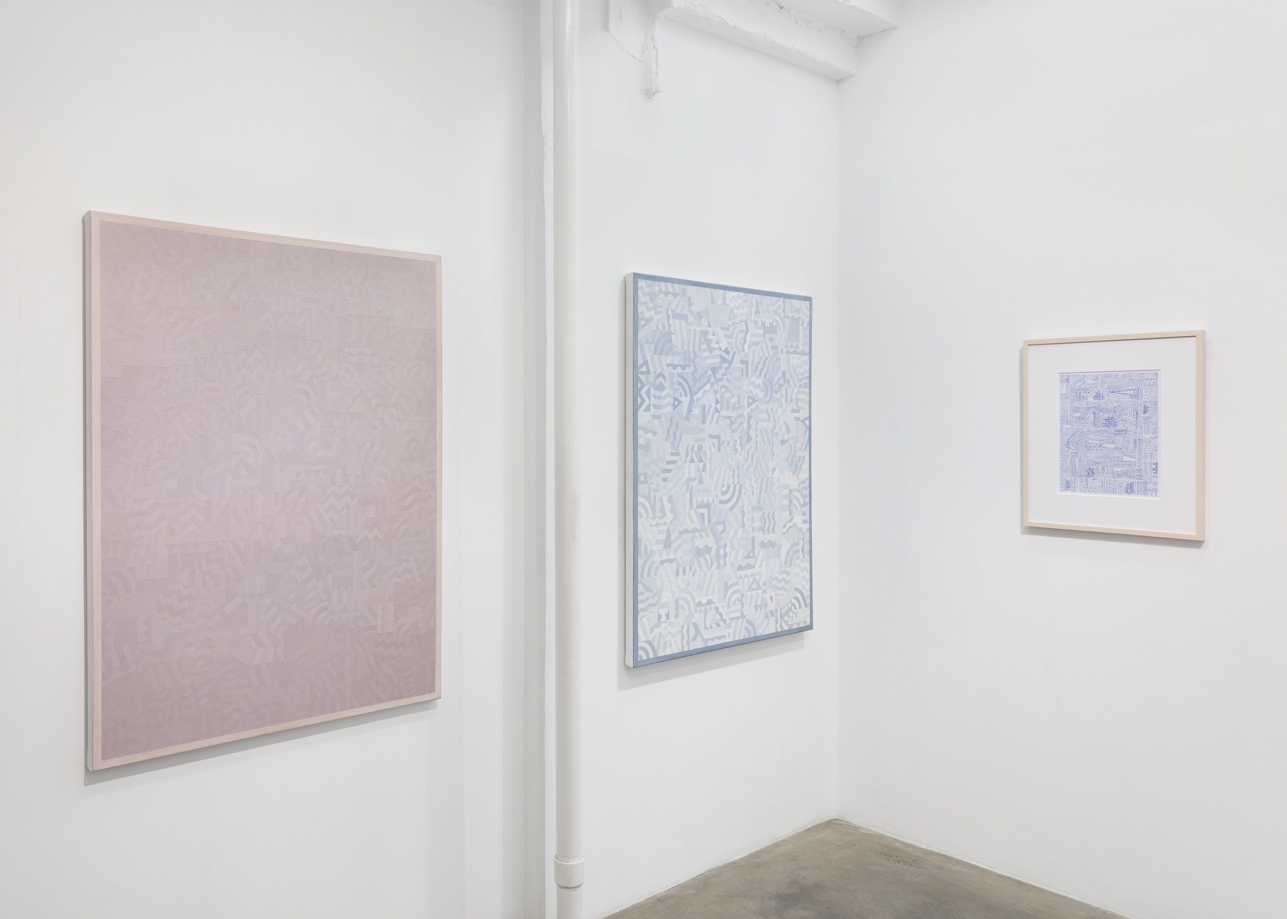 Installation view of Timothy Hull solo exhibition showing view of two large paintings and one work on paper