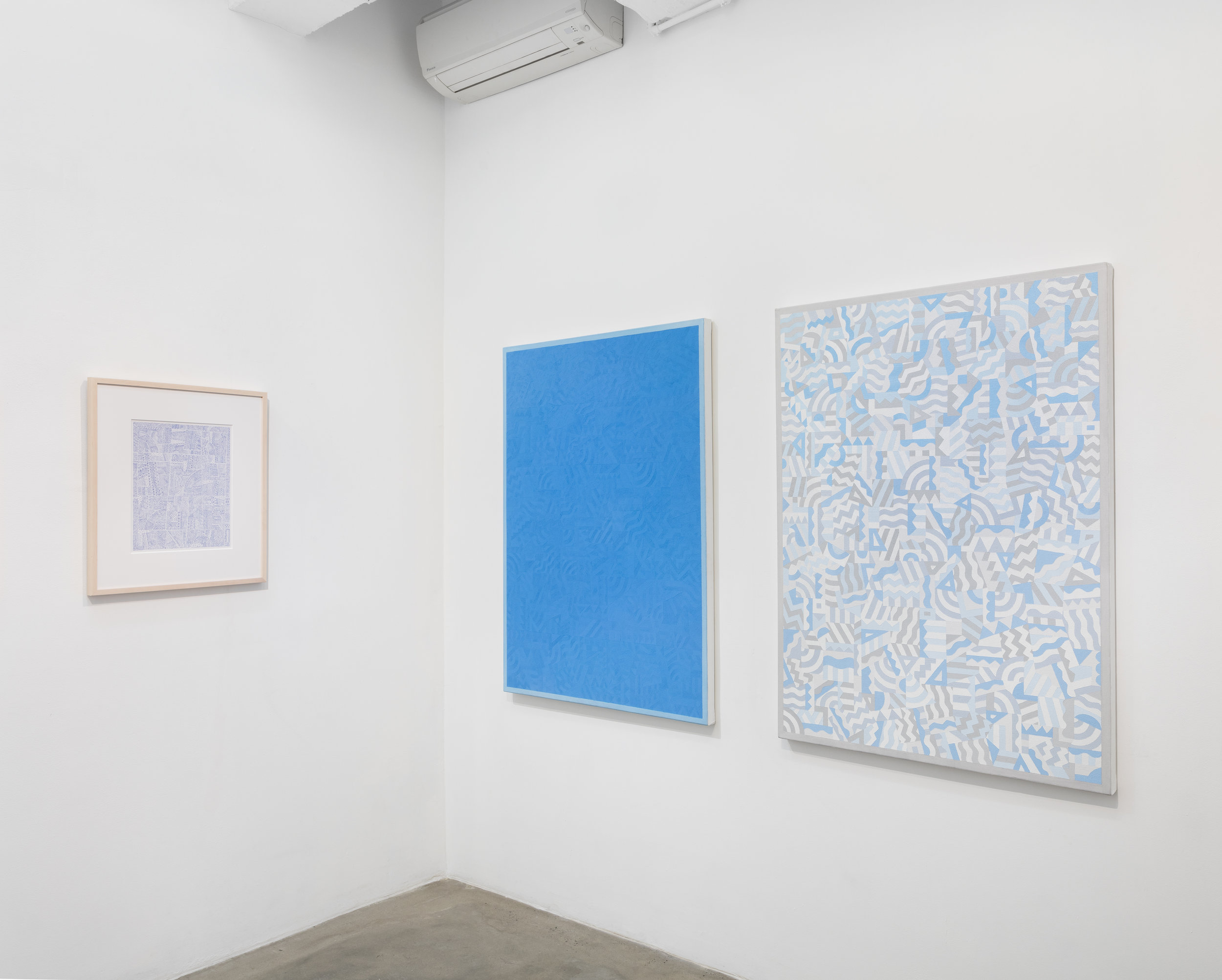 Installation view of Timothy Hull solo exhibition showing view of two large paintings and one work on paper