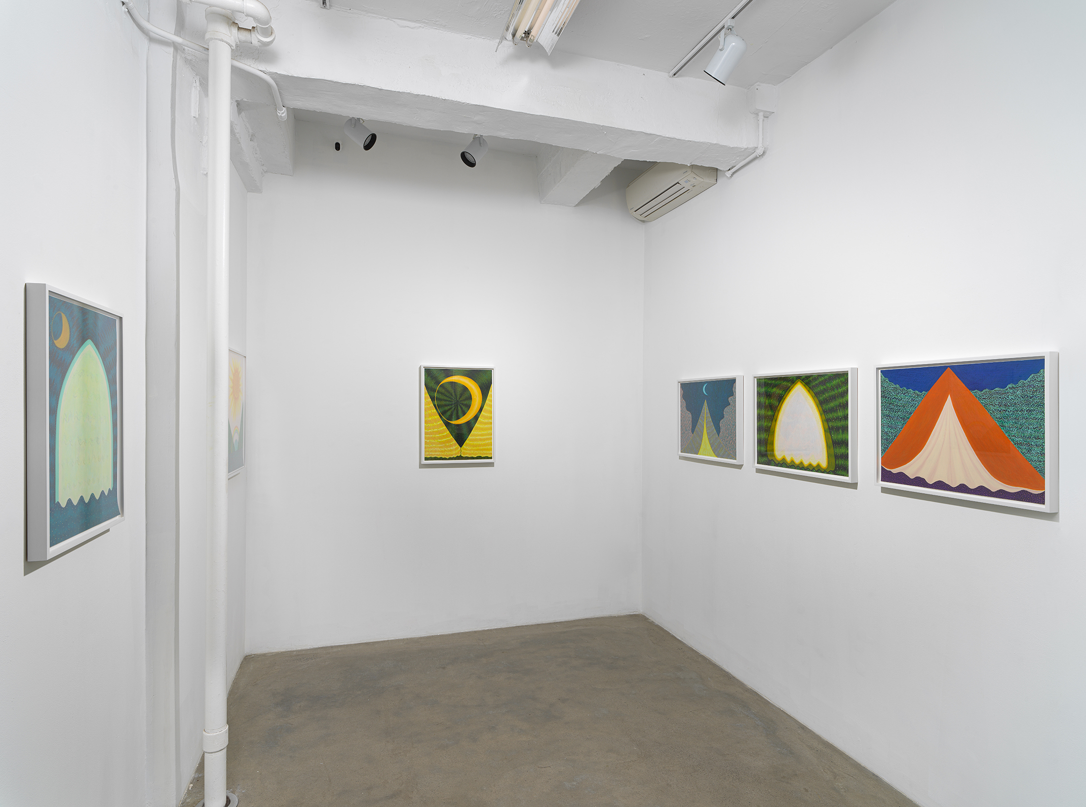 Ping Zheng, Installation view showing framed works on paper: 'In the Blue Light,' 'Chasing Moonlight,' and other landscape-based works