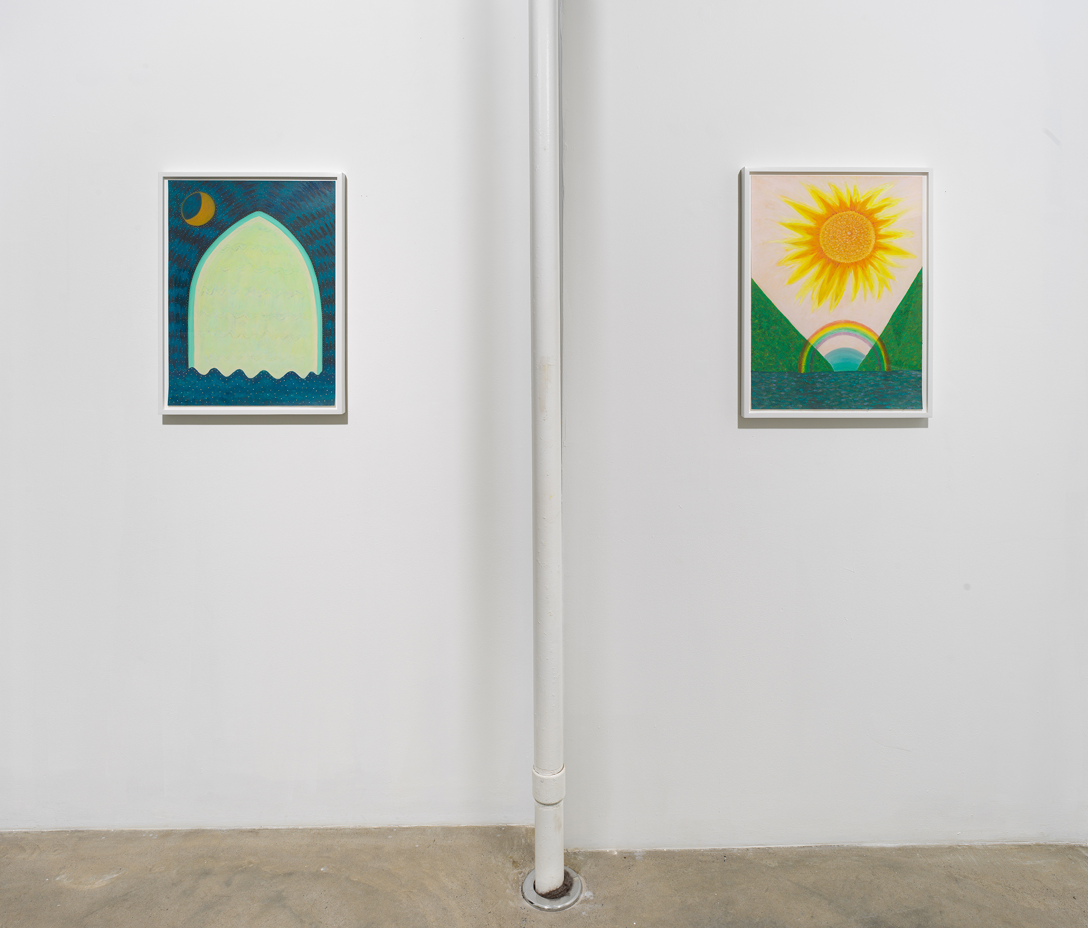 Ping Zheng, Installation view showing two framed works on paper: 'In the Blue Light' and 'Sun + Flower'