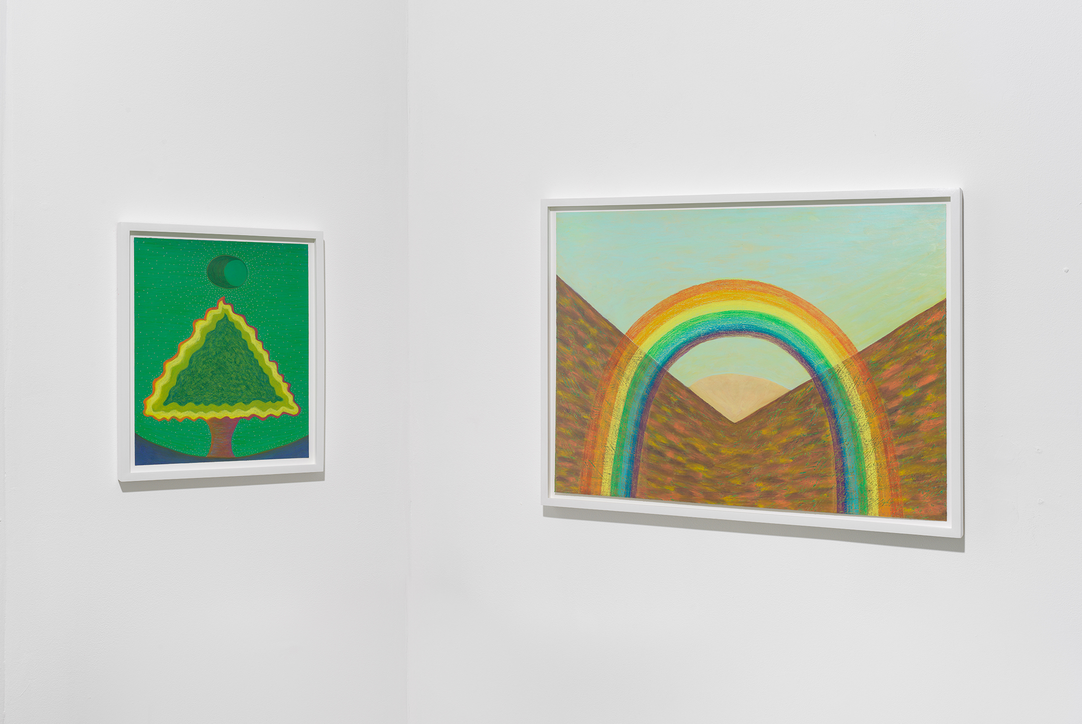 Ping Zheng Installation view showing framed works on paper: 'A Magical Tree,' and 'Rainbow Over Dry Land'