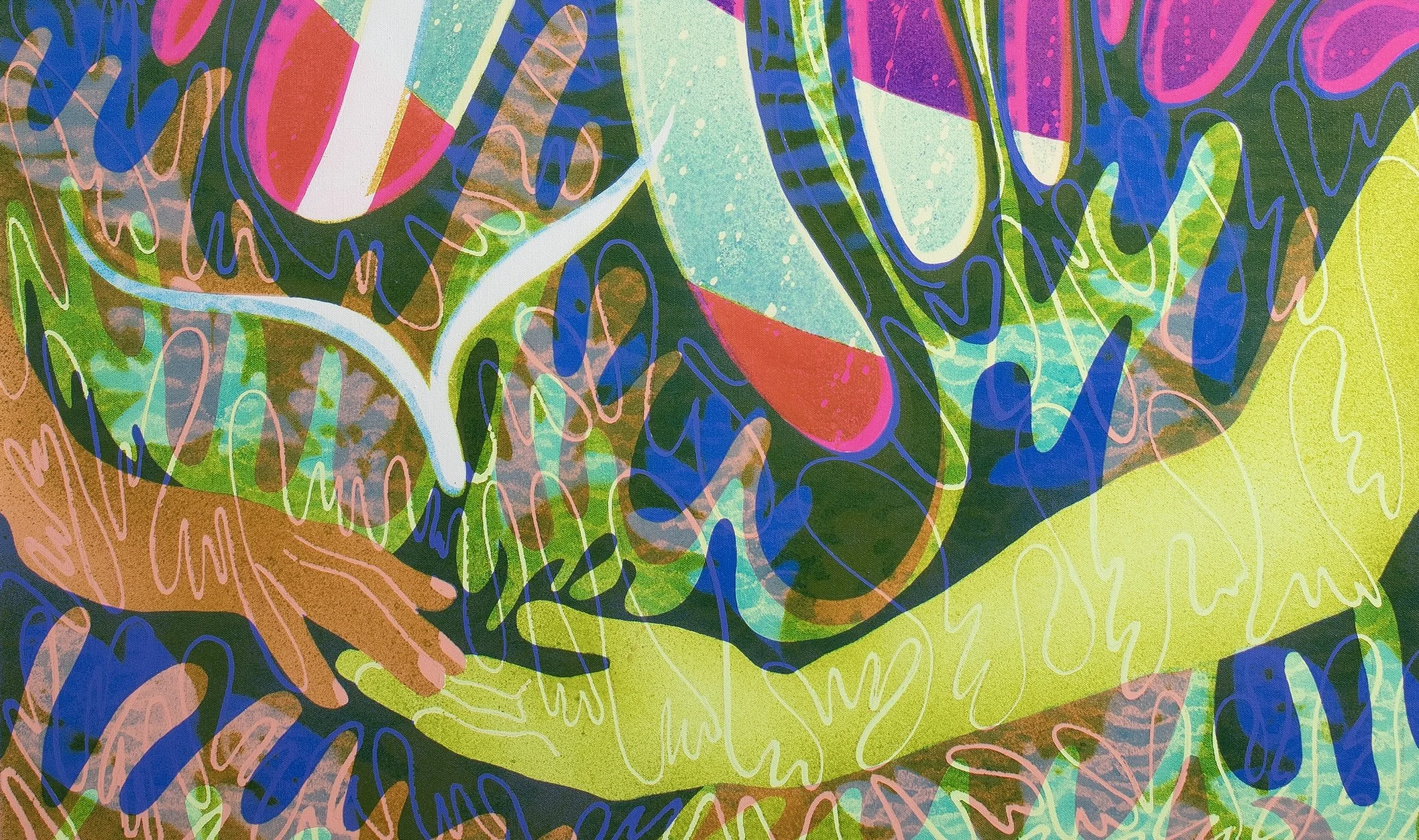 hands touching in a landscape with patterns