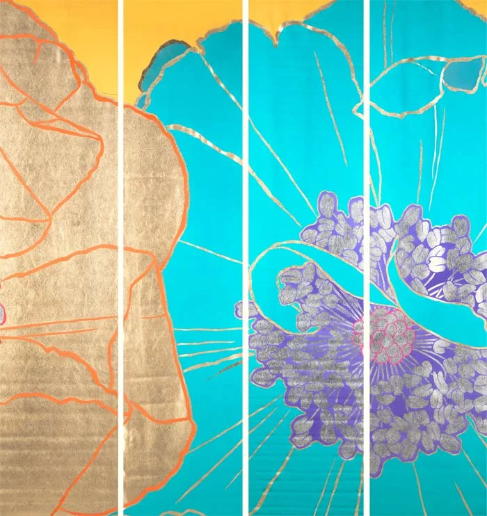 "Botan" gold leaf imprint and hand paint on silk