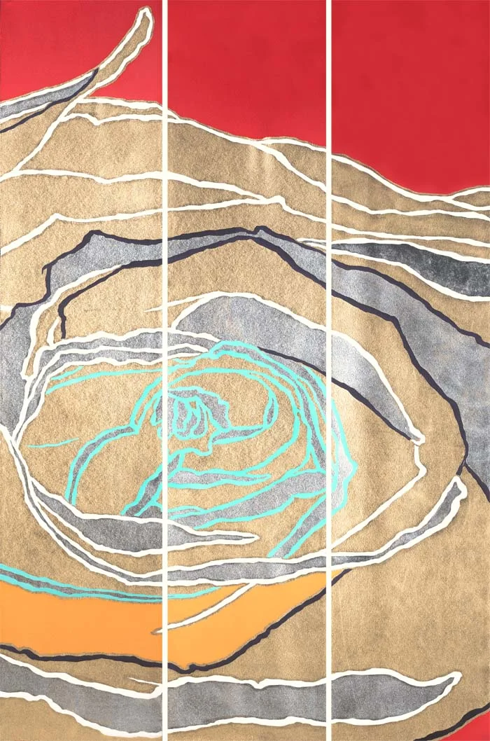 &nbsp;gold leaf imprint and hand paint on silk
