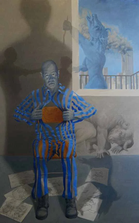 Night Journey 62: The Blind and Dying Minotaur Walking Through the Ghost of Memory in the Tragic Consciousness of Time 42"x26" oil on canvas 