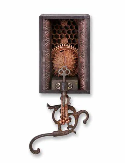 Gate Keeper 4"x11"x3" Assemblage (wooden gear, chestnut tree ball, teak carving, misc. copper parts, old key, gas lamp part)