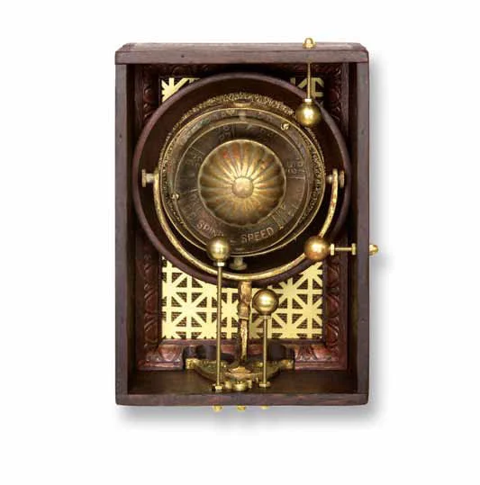 Nicholas 7"x10"x3" Assemblage (spindle speed dial, misc. brass hardware, brass orb holder, wooden bowl, brass buffing wheel)