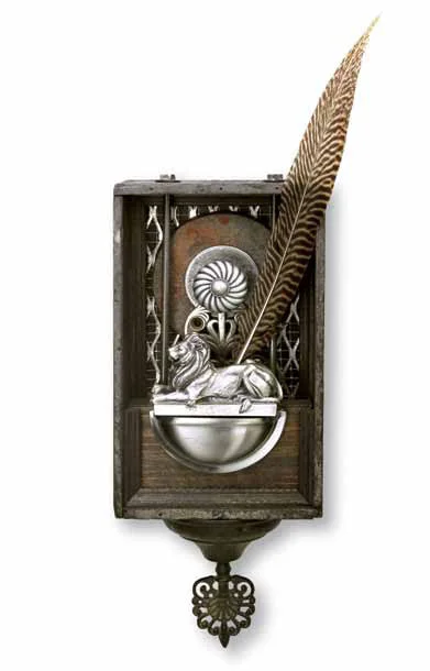 Patience 6"x17"x4" Assemblage (drawer pulls, pewter lion paper weight, pheasant feather, grinding wheel, steel grill, carriage bolts, decorative finial)