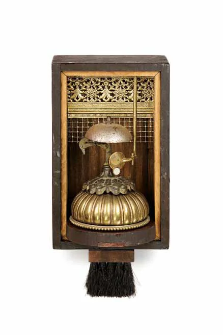 Will Call 6"x12"x5" Assemblage (lamp parts, decorative brass, saxophone key, service bell, sign painter's brush, pulley part)