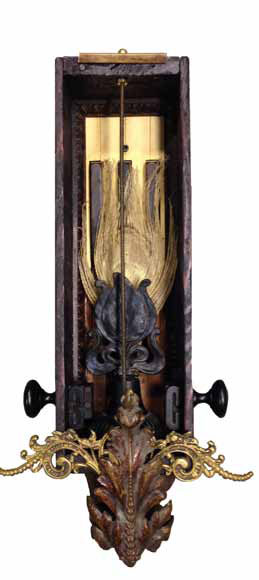 Ebony &nbsp;8"x16"x4" &nbsp;Assemblage (peacock feather, brass furniture parts, piano keys, decorative metal, drawer pulls, wooden typo)