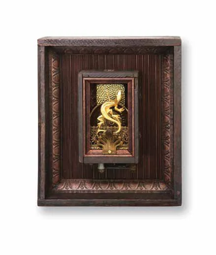 Liz 8"x`10"x4" Assemblage (brass lizard pin, model T battery, misc. decorative brass, teak panel)