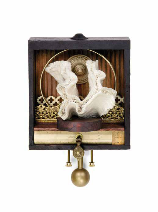 Measure in C 8"x12"x6" Assemblage (decorative brass, coral, needlepoint hoop, brass rod holder, antique rulers, brass hardware, card punch base)