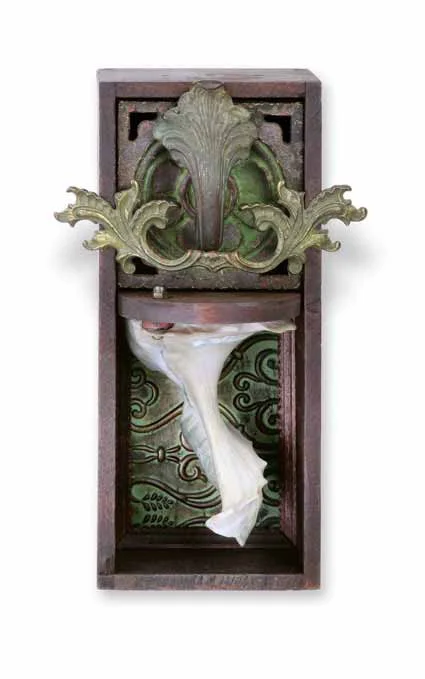 Spiral 6"x11"x5" Assemblage (drawer pull, alabaster shell, misc. hardware, decorative tin, curtain tieback)