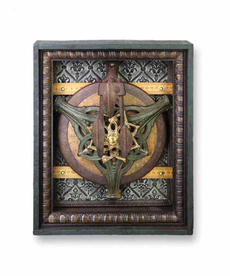 Green Room &nbsp;12"x15"x8" &nbsp;Assemblage (hand cultivator, discus, Christmas tree base, decorative tin, wooden rulers, misc. brass)