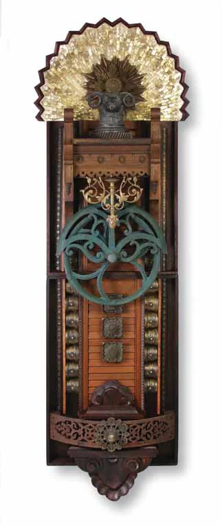 Aries 1 21"x68"x11" Assemblage (barn pulley, ram's head inkwell, mica fan, candelabra, shutters, cast iron stove part, furniture finial)