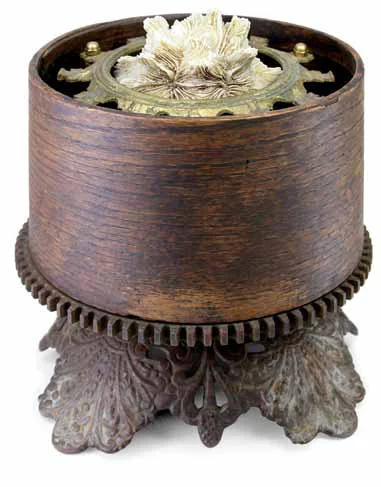 Winter 7"x7"x7" Assemblage (coral, gear, shaker box brass hardware, lamp base)