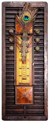 Cribbage 9"x27"x4" Assemblage (drying rack, peacock feather, drawer pulls, cribbage board, frame parts)