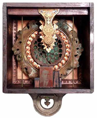 Washington 9"x`13"x5" Assemblage (machine level, antique brass paper clip, rusted drain, lamp surround, wooden type, copper plate portrait, decorative hardware)