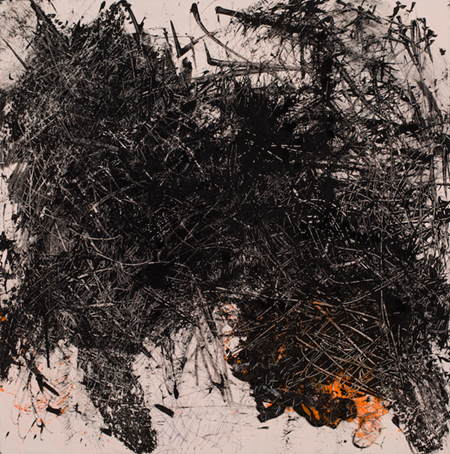 Pussy Got Pissed; sumi ink, staples, latex gloves, acrylic on wood panel
