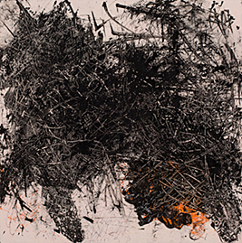 "Pussy Got Pissed, " 24"x24, " sumi ink, size small orange latex glove, staples, acrylic on wood.