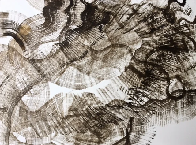 The staccato of these marks is perfectly accompanied by Bach and espresso. Several espressos. Acrylic ink on watercolor paper, 22"x30."