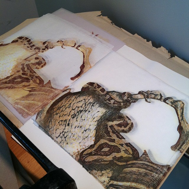 Printing the last layer of my Burmese Python color reduction woodcut!