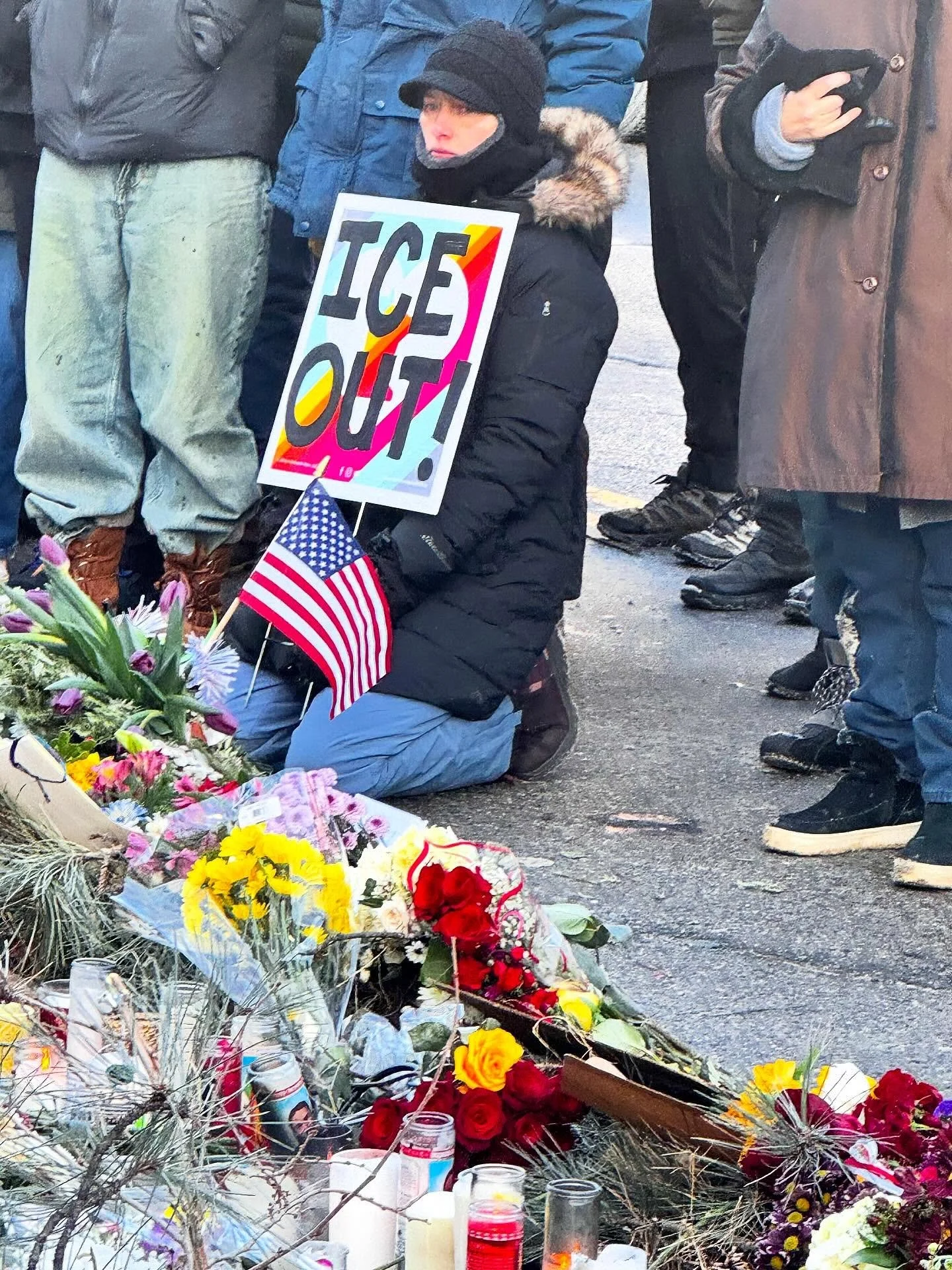 Yesterday, 1/25,  I delivered flowers to Alex Jeffrey Pretti&rsquo;s vigil and place of murder. Another brave Minnesotan, unalived, and then smeared by the evil machine of this corrupt treasonous administration. 

Then I went to the federal building.