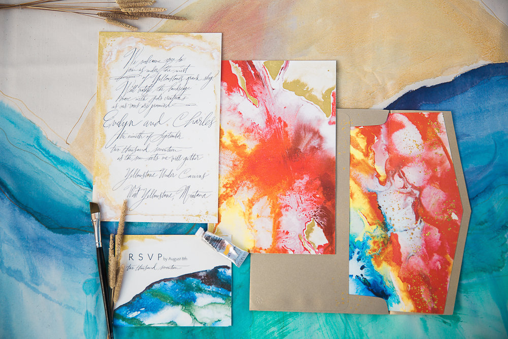 Kristy's vibrant invitation suite inspired by the jewel toned hot springs of Yellowstone National Park
