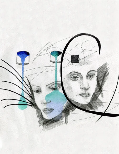 ABSTRACTED FACES Pen, sharpie, pencil, watercolor. An image originally created as abstract practice. This image was eventually used as the cover for the Spring 2013 issue of the Underground.