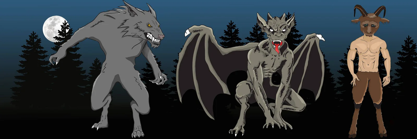 CREATURES OF THE NIGHT Three character designs for a collaborative book project. The theme was Creatures of the Night. I took the theme quite literally, creating a werewolf, gargoyle, and a faun. The final product was three separate images into a book, distributed in December 2013.