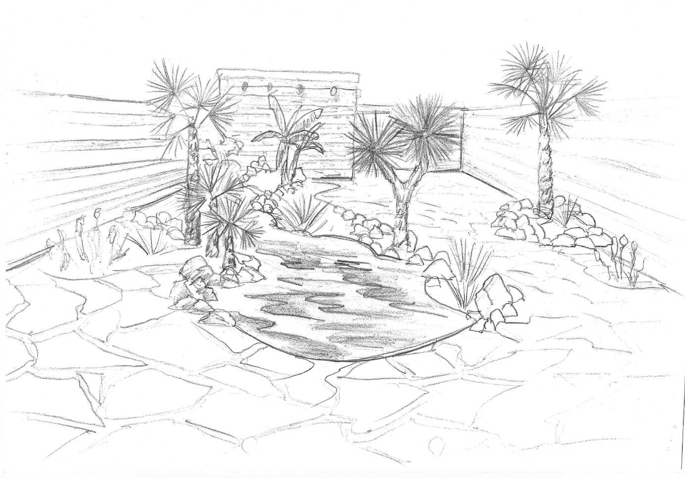Schets van een tuin ontwerp door een klant.