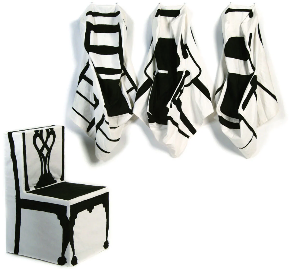 SLIPCOVER CHAIR 2004. plywood, hand-painted textile, 19” L x 16” W x 36" H There is a social weight to the commodities which we dress belongings and ourselves. Through what we acquire, we are able to manipulate what we project to others. An archetypal chair, constructed from plywood, is provided with four iconic chair slipcovers. These covers, a Chippendale, and Eames, a Shaker, and the ubiquitous metal folding chair, act as cultural identifiers.