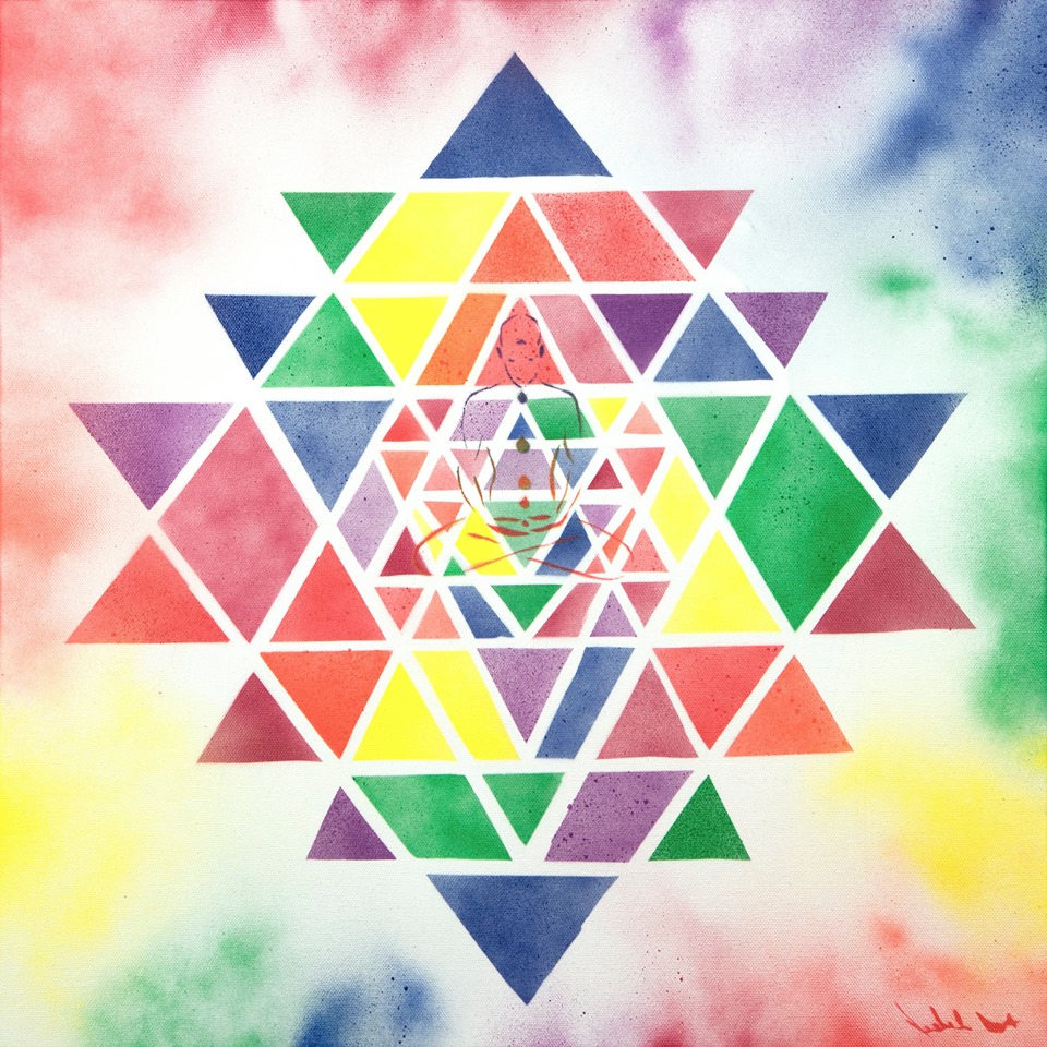 "The inspiration for this one was the oneness of creation. The separation into color from the pure white light makes up all that we experience in this realm. This is not to be interpreted as an illusion but as a gift. To experience the beautiful magnificence that is creation. The center point of the Sri Yantra is colored green to represent love and the heart of creation."