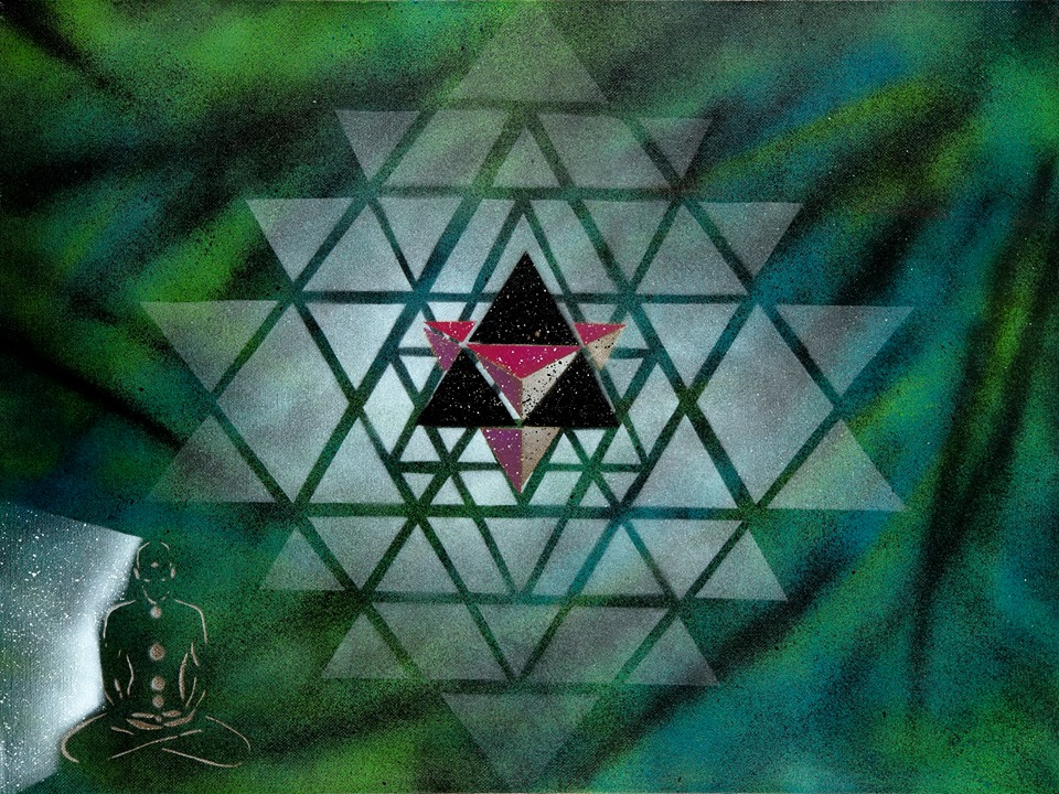 "The pure white sri yantra representing creation. The multidimensional Merkaba is placed on top so that you can see that it's shape exists in the Sri Yantra and also to represent it's use as a vehicle for multidimensional travel and energy expansion. The meditating man beginning to fractal out into stars as he witnesses the ancient wisdom of the Merkaba."