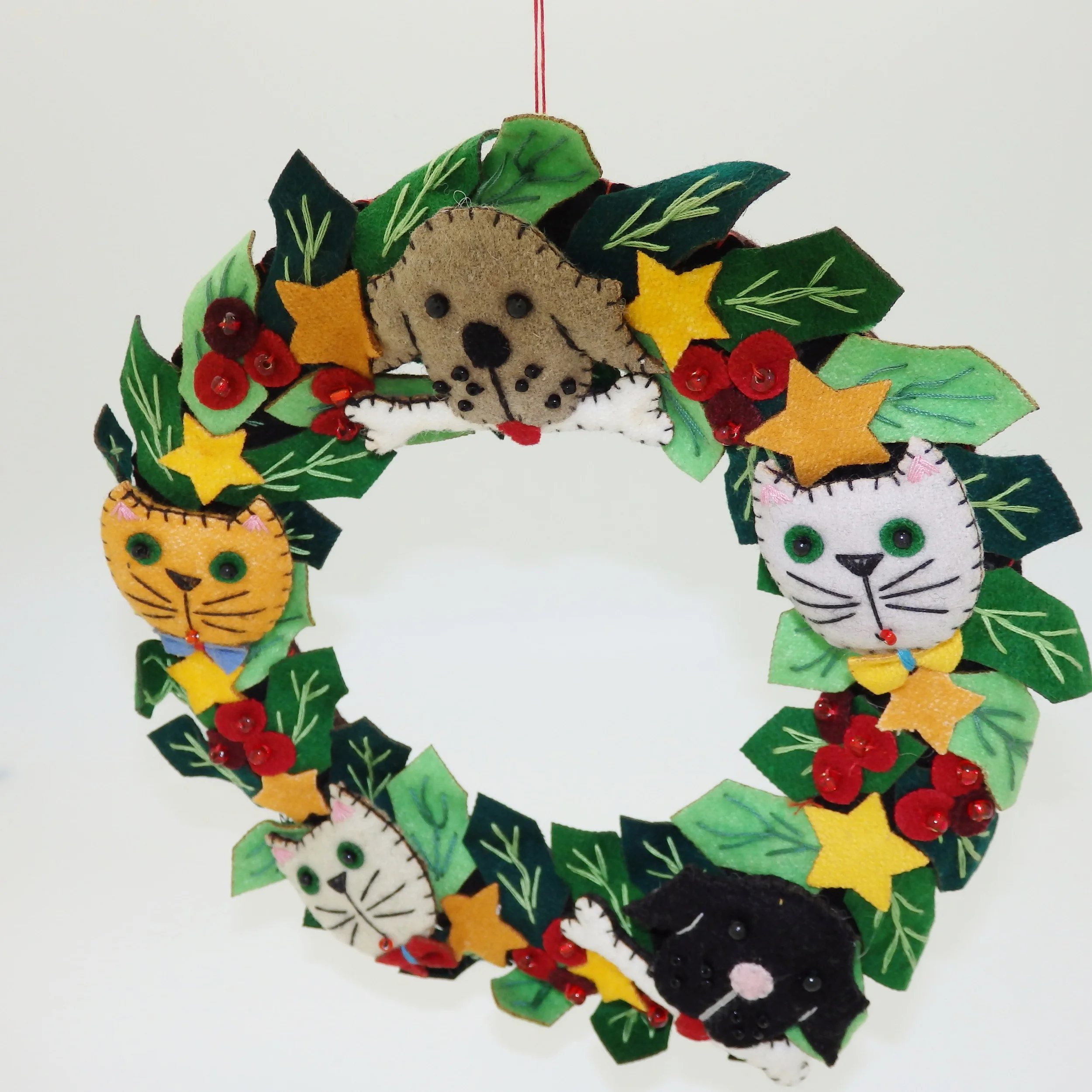 Cat and Dog Fabric Wreath - Hand Made - 7" Diameter
